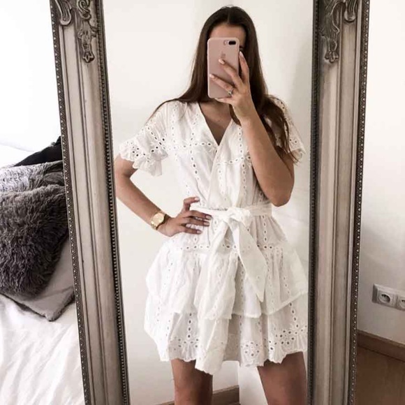 Boho White Eyelet Surplice Tie Ruffle Mini Dress - Picture 6 of 8